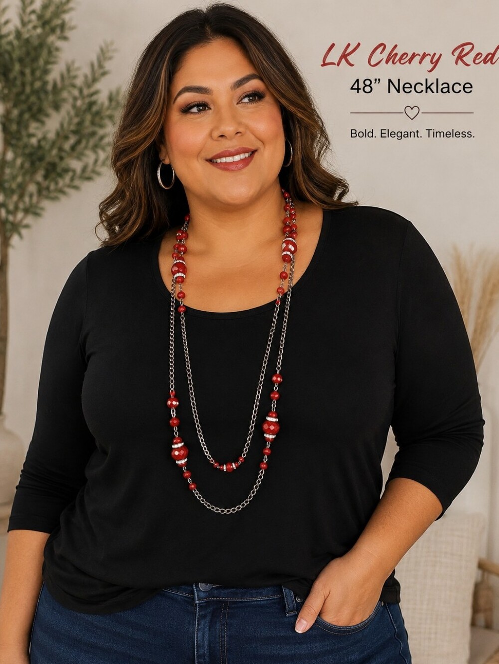 Signed Cherry Red Faceted Beaded Necklace 48" Gunmetal Chain Rhinestone Accent